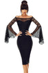 Sexy Black Lace Bell Sleeve Off Shoulder Bodycon Party Dress